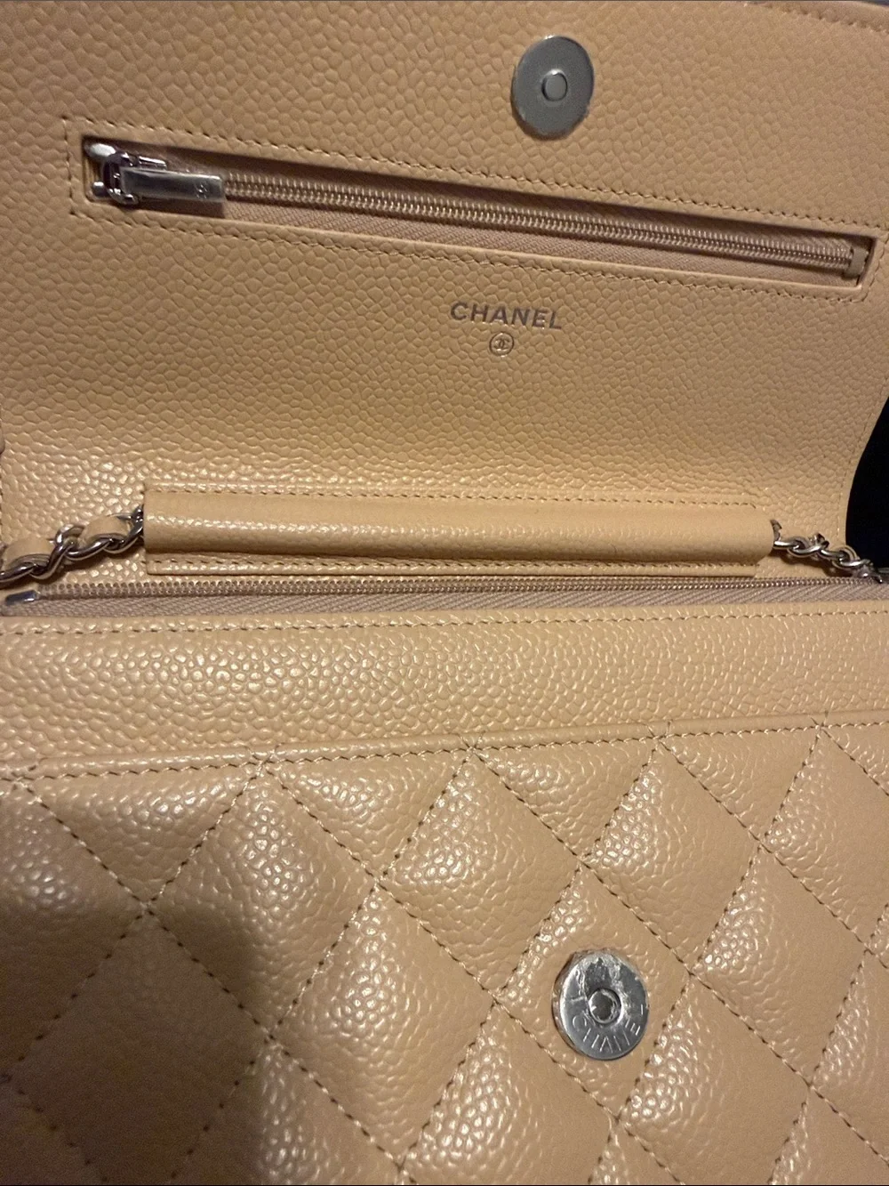 CHANEL Beige Quilted Caviar Wallet on Chain with Silver CC